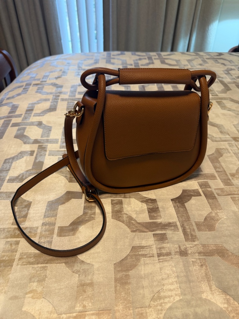 Cognac Leather Crossbody Saddle Bag - Women